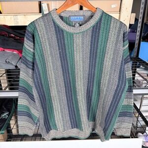 vintage Jantzen Classics Mens Large Striped Crew Neck Sweater Green Blue Gray